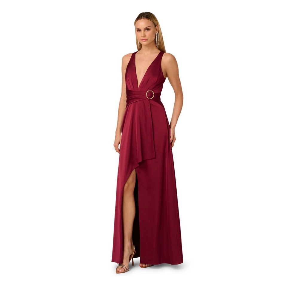 Adrianna Papell Crimson Hazel Stretch Satin V-Neck Gown ADAE212415 Size 10